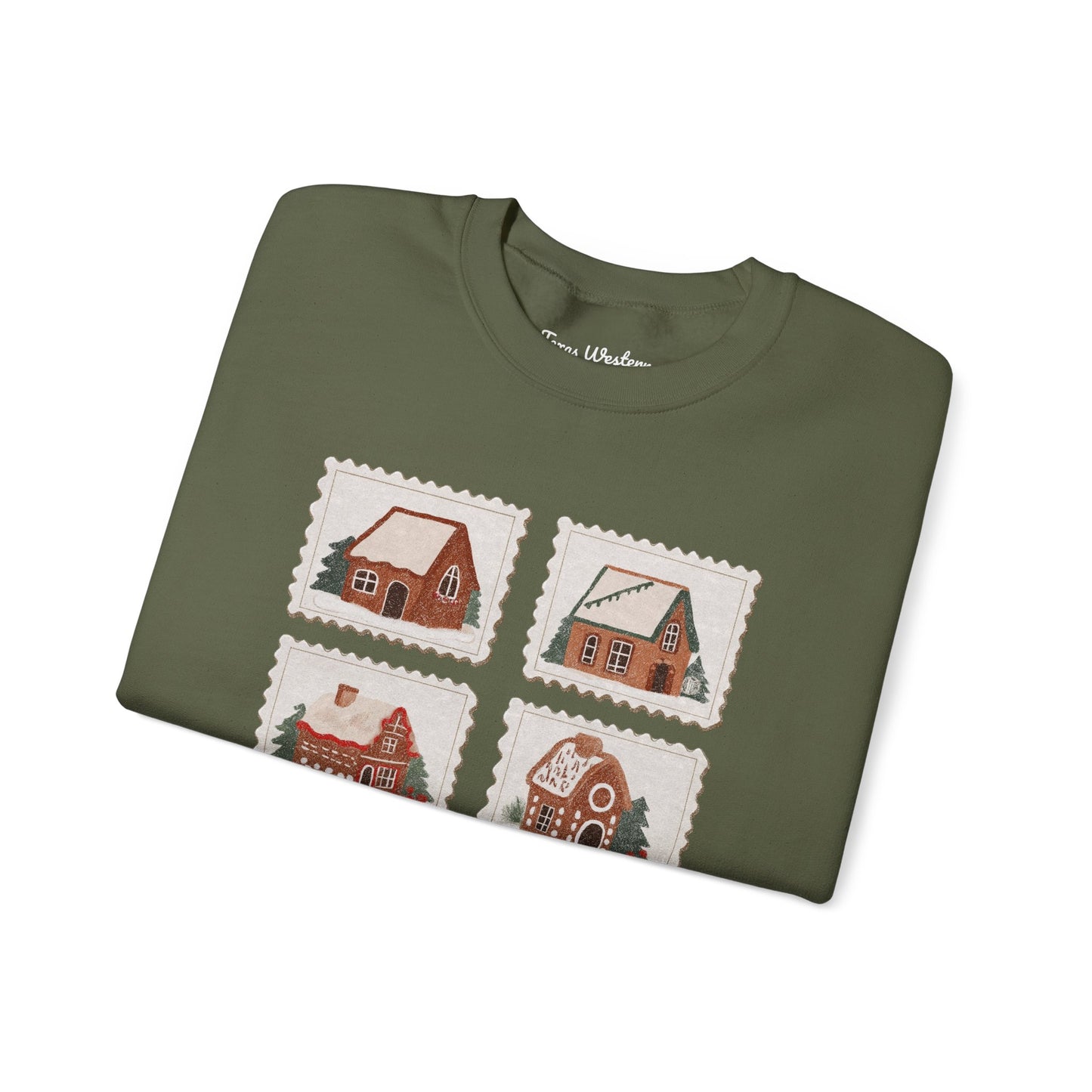 Vintage Gingerbread House Stamps Crewneck - Gildan