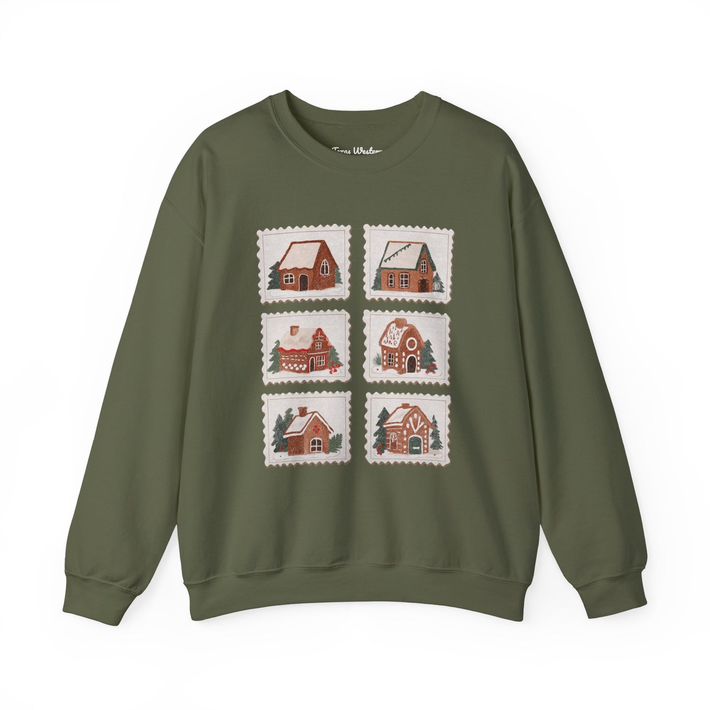 Vintage Gingerbread House Stamps Crewneck - Gildan