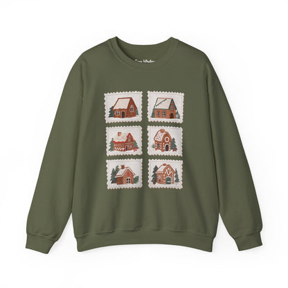 Vintage Gingerbread House Stamps Crewneck - Gildan