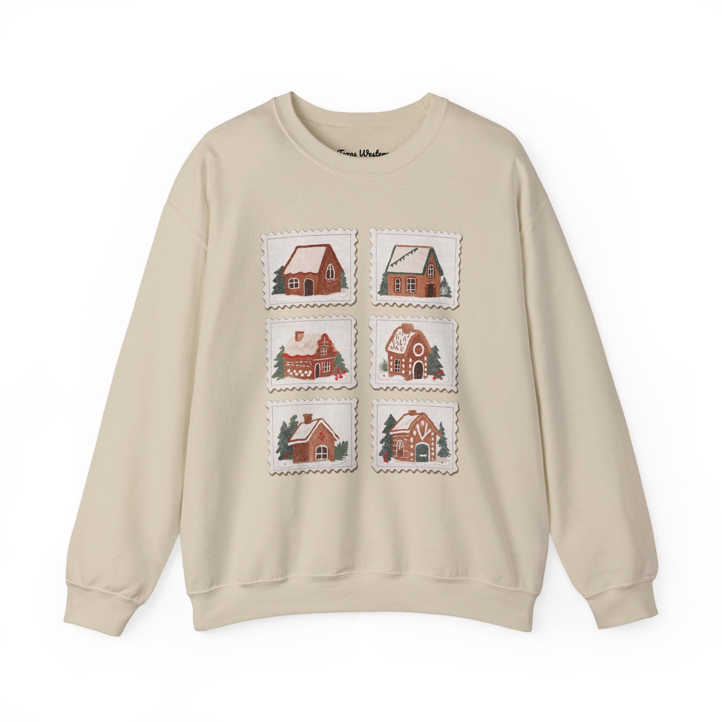 Vintage Gingerbread House Stamps Crewneck - Gildan