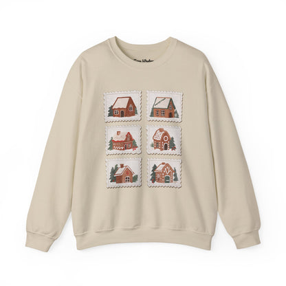 Vintage Gingerbread House Stamps Crewneck - Gildan