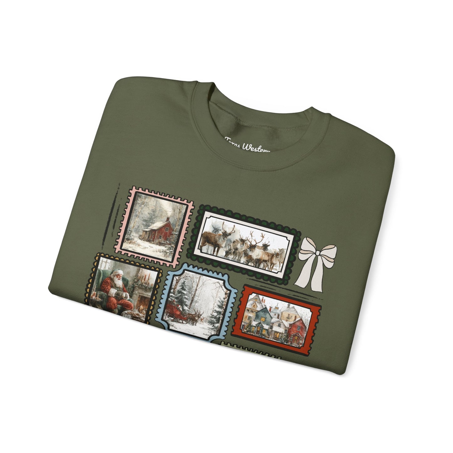 Vintage Christmas Stamps Vivid Crewneck - Gildan