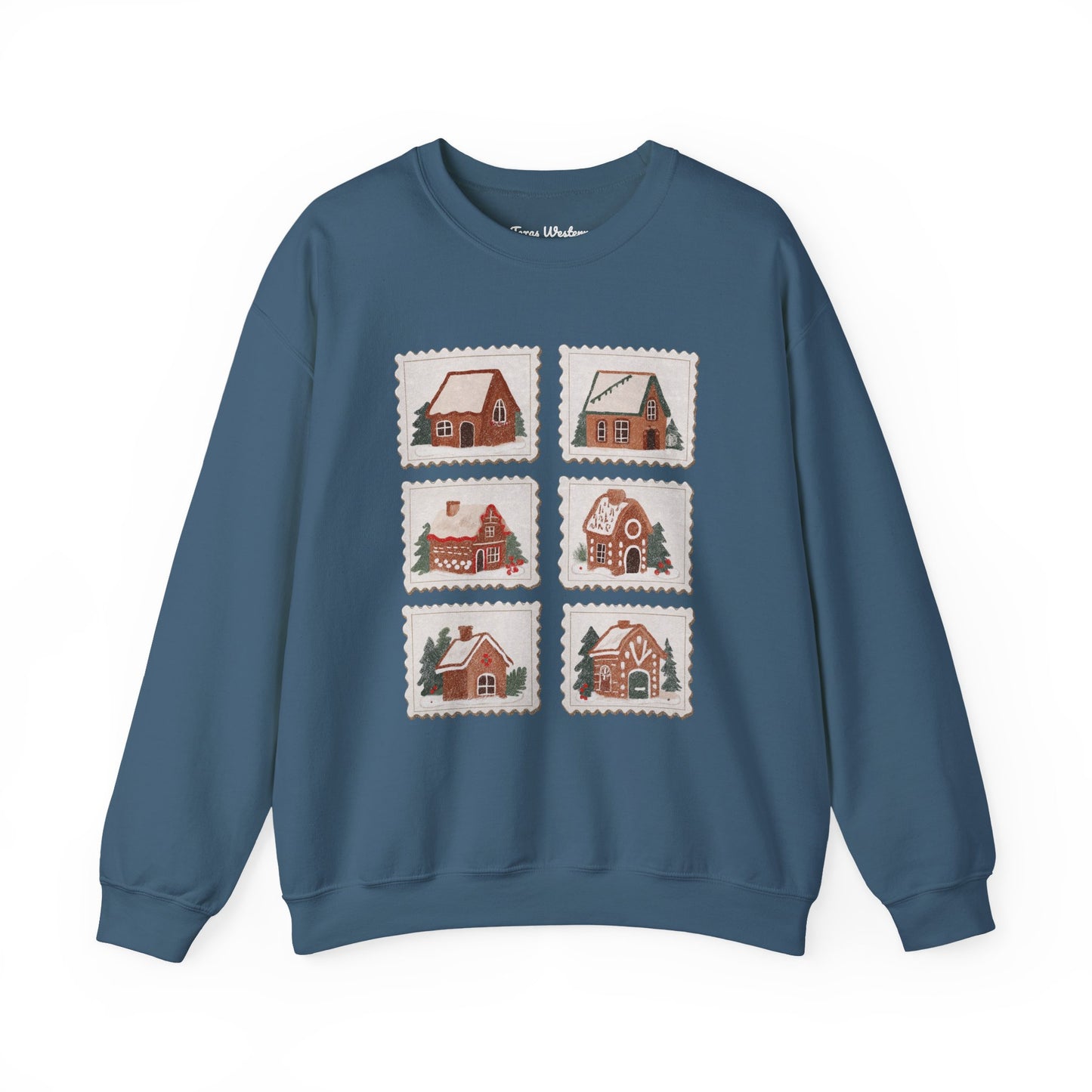 Vintage Gingerbread House Stamps Crewneck - Gildan