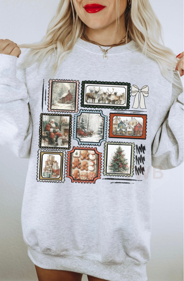 Vintage Christmas Stamps Vivid Crewneck - Gildan