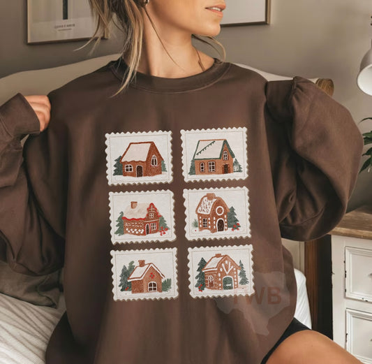 Vintage Gingerbread House Stamps Crewneck - Gildan